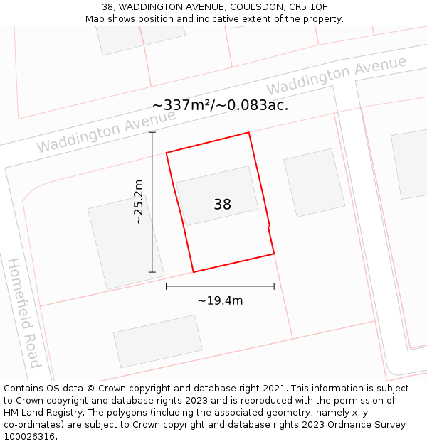 38, WADDINGTON AVENUE, COULSDON, CR5 1QF: Plot and title map