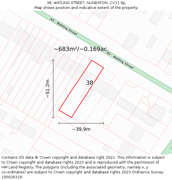 38, WATLING STREET, NUNEATON, CV11 6JL: Plot and title map