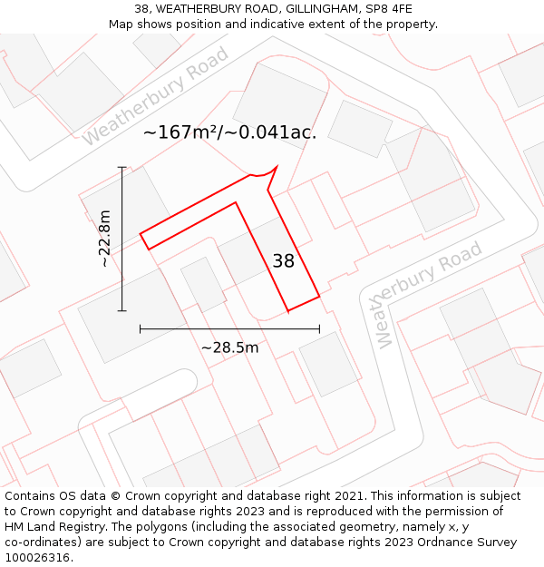38, WEATHERBURY ROAD, GILLINGHAM, SP8 4FE: Plot and title map