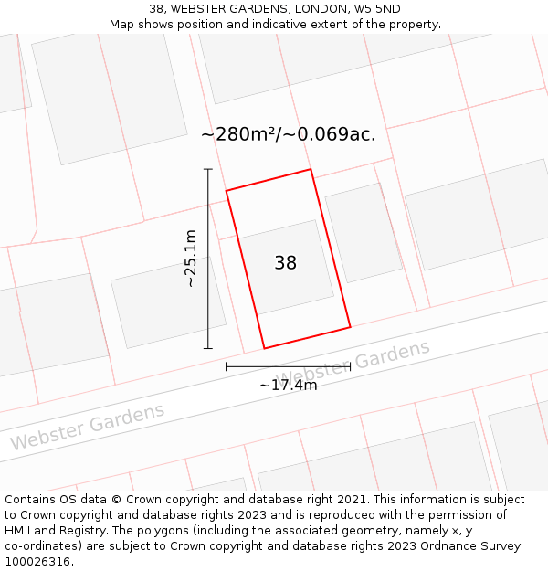 38, WEBSTER GARDENS, LONDON, W5 5ND: Plot and title map