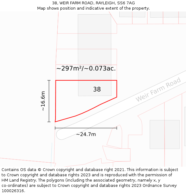 38, WEIR FARM ROAD, RAYLEIGH, SS6 7AG: Plot and title map