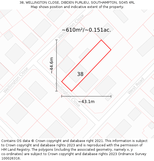 38, WELLINGTON CLOSE, DIBDEN PURLIEU, SOUTHAMPTON, SO45 4RL: Plot and title map