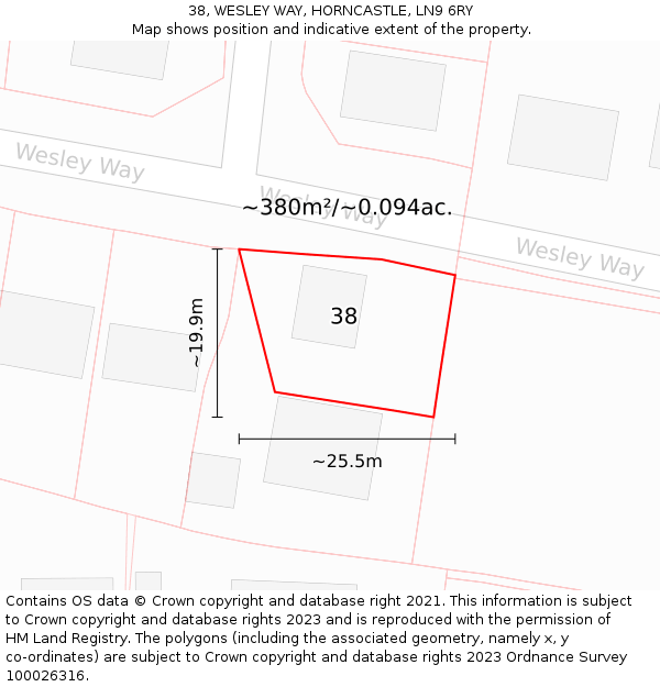 38, WESLEY WAY, HORNCASTLE, LN9 6RY: Plot and title map