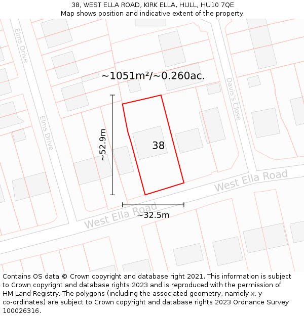 38, WEST ELLA ROAD, KIRK ELLA, HULL, HU10 7QE: Plot and title map