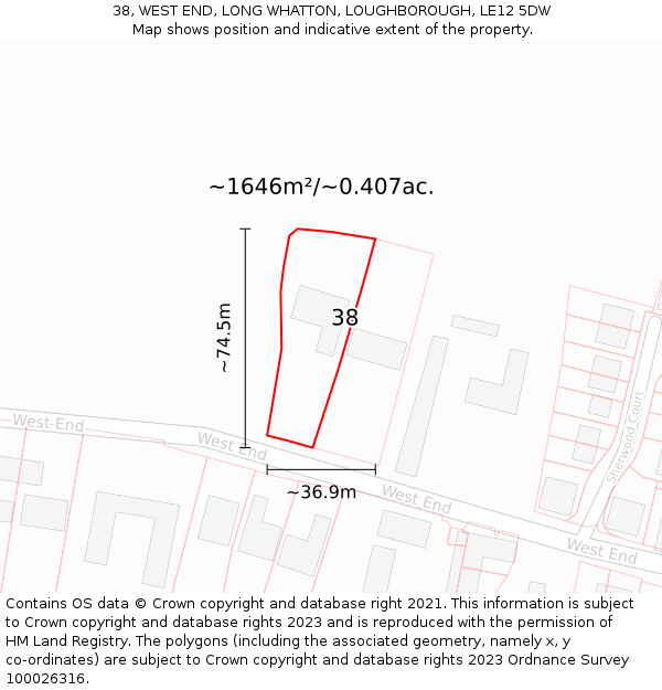 38, WEST END, LONG WHATTON, LOUGHBOROUGH, LE12 5DW: Plot and title map