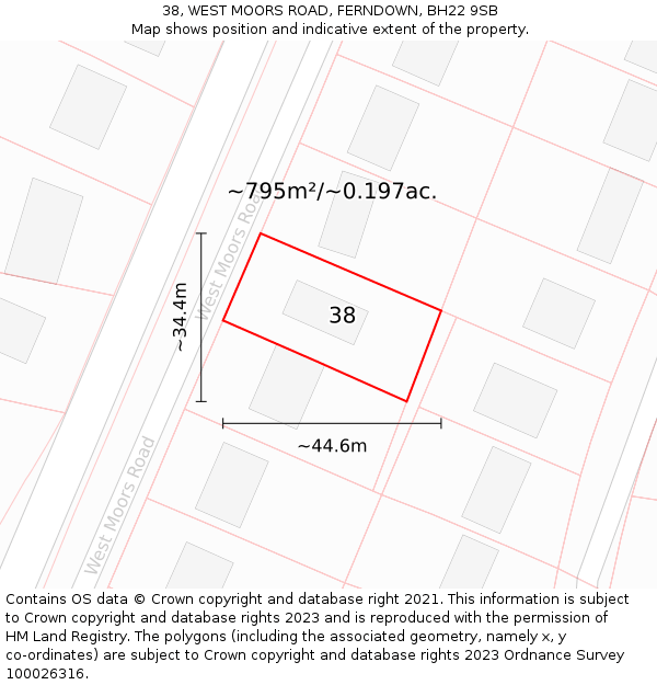 38, WEST MOORS ROAD, FERNDOWN, BH22 9SB: Plot and title map