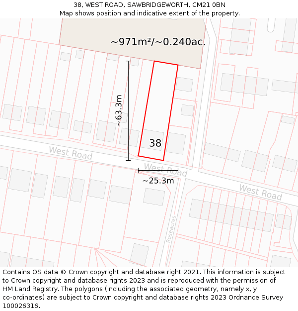 38, WEST ROAD, SAWBRIDGEWORTH, CM21 0BN: Plot and title map