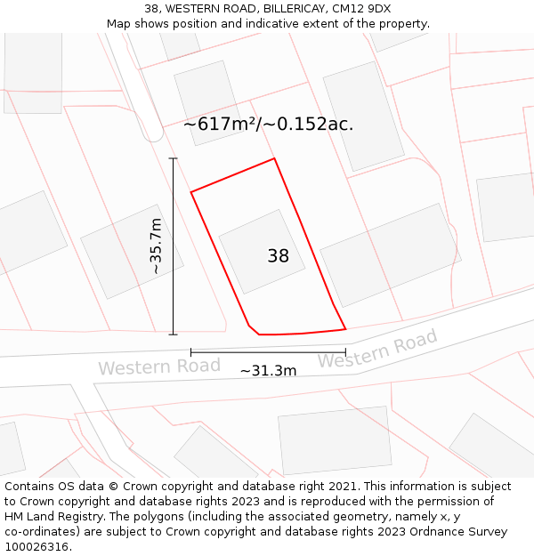 38, WESTERN ROAD, BILLERICAY, CM12 9DX: Plot and title map