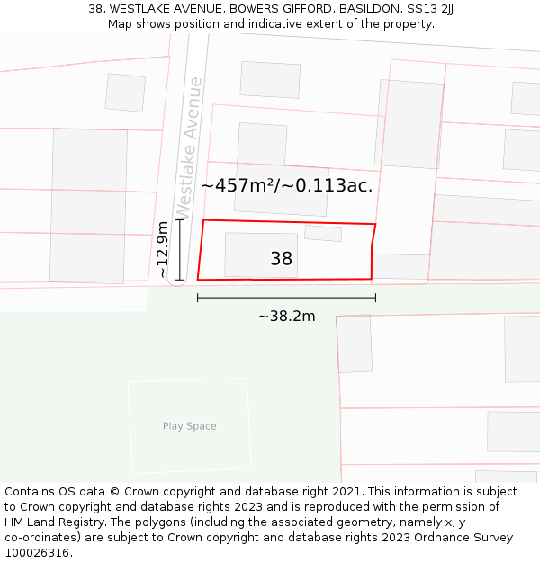 38, WESTLAKE AVENUE, BOWERS GIFFORD, BASILDON, SS13 2JJ: Plot and title map