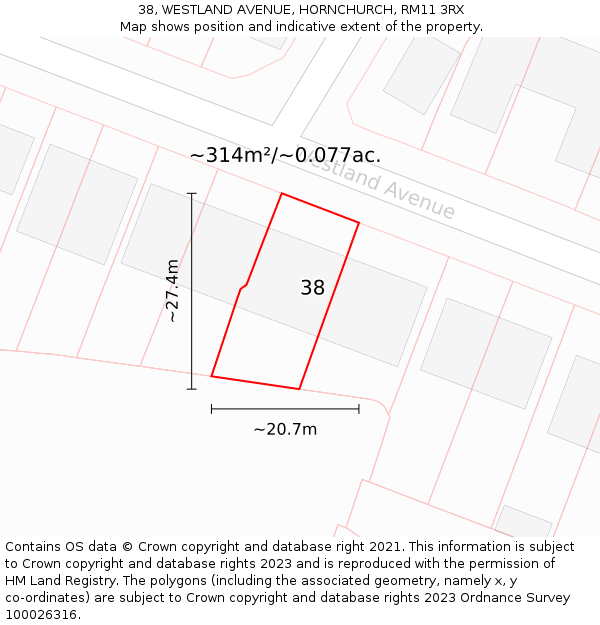 38, WESTLAND AVENUE, HORNCHURCH, RM11 3RX: Plot and title map