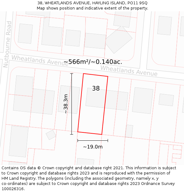 38, WHEATLANDS AVENUE, HAYLING ISLAND, PO11 9SQ: Plot and title map