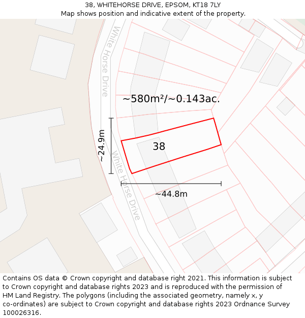 38, WHITEHORSE DRIVE, EPSOM, KT18 7LY: Plot and title map