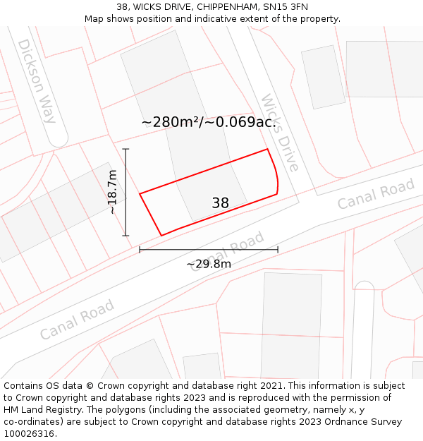 38, WICKS DRIVE, CHIPPENHAM, SN15 3FN: Plot and title map