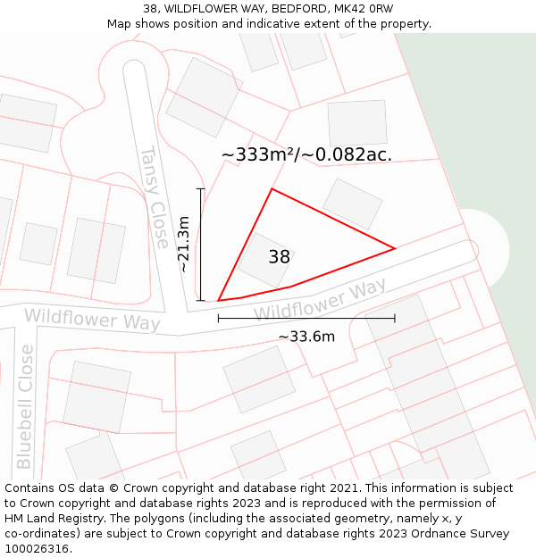 38, WILDFLOWER WAY, BEDFORD, MK42 0RW: Plot and title map