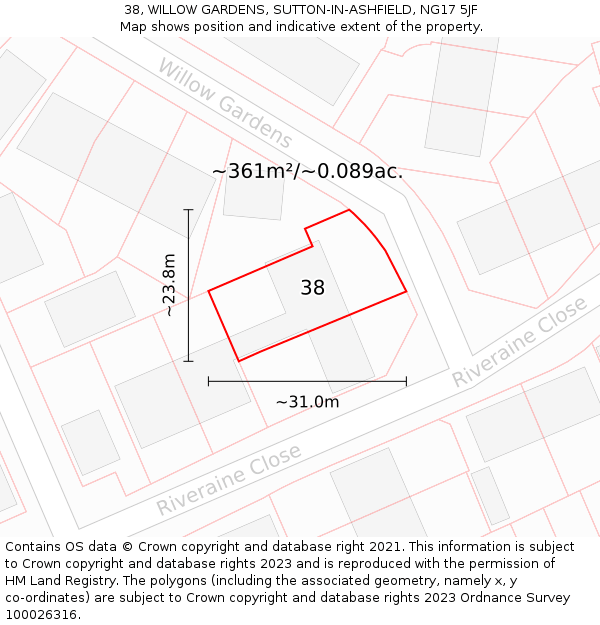 38, WILLOW GARDENS, SUTTON-IN-ASHFIELD, NG17 5JF: Plot and title map