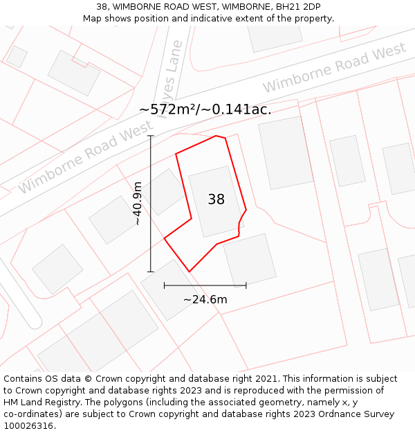 38, WIMBORNE ROAD WEST, WIMBORNE, BH21 2DP: Plot and title map