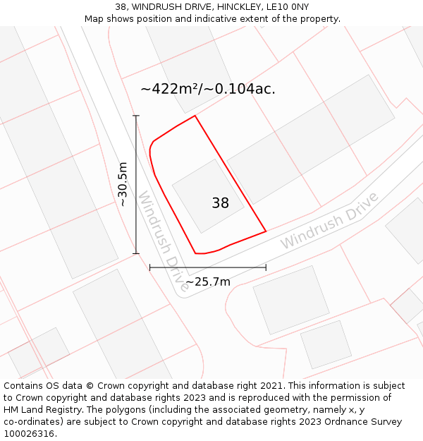 38, WINDRUSH DRIVE, HINCKLEY, LE10 0NY: Plot and title map