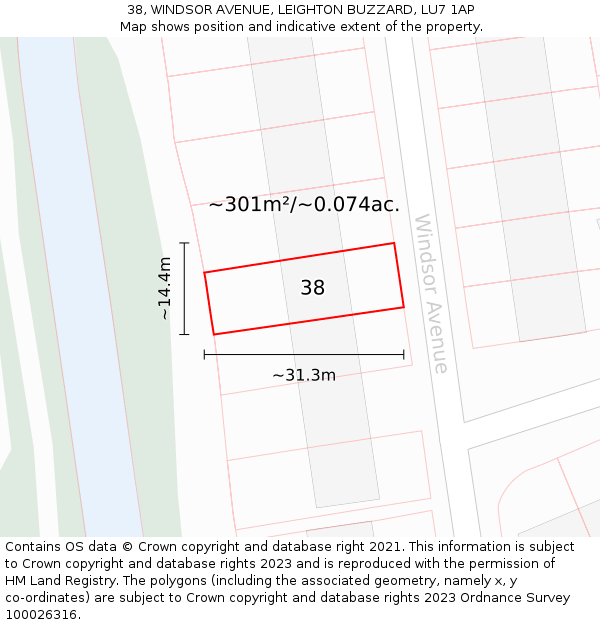 38, WINDSOR AVENUE, LEIGHTON BUZZARD, LU7 1AP: Plot and title map