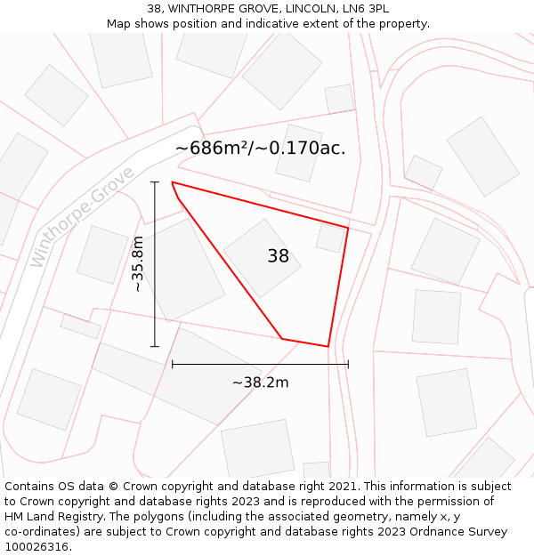 38, WINTHORPE GROVE, LINCOLN, LN6 3PL: Plot and title map