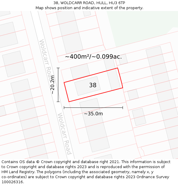 38, WOLDCARR ROAD, HULL, HU3 6TP: Plot and title map