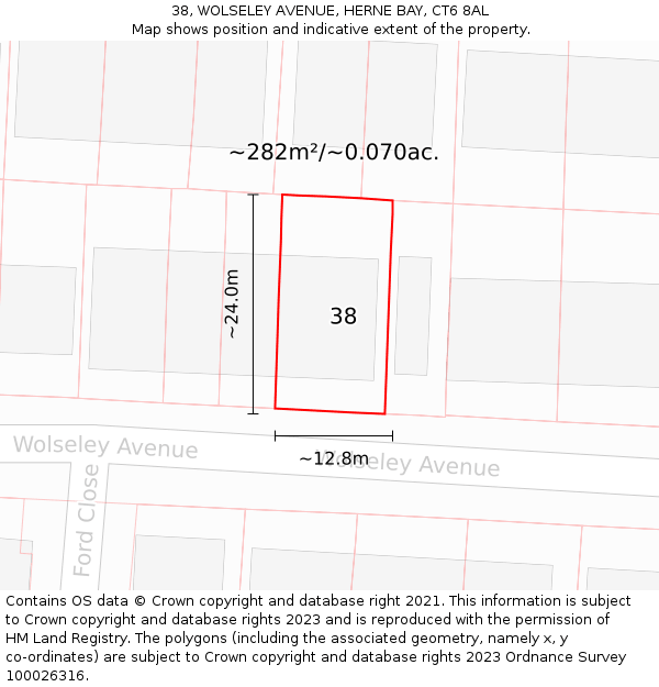 38, WOLSELEY AVENUE, HERNE BAY, CT6 8AL: Plot and title map