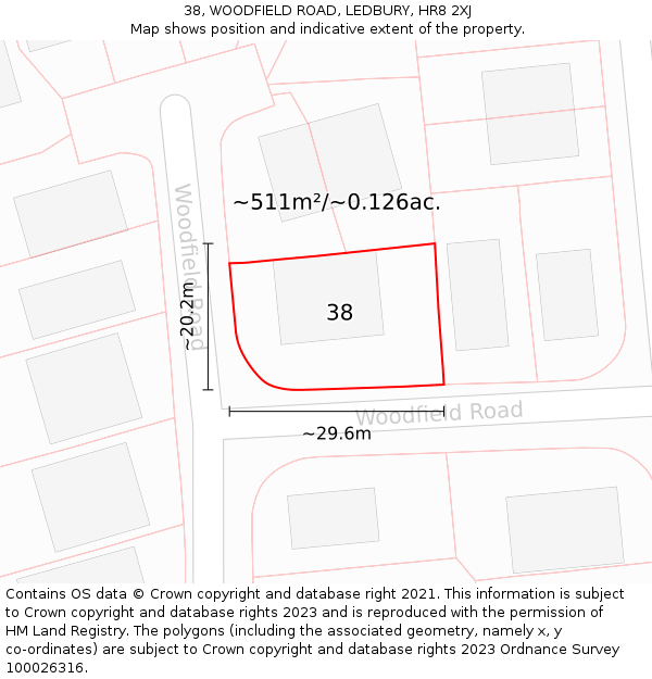 38, WOODFIELD ROAD, LEDBURY, HR8 2XJ: Plot and title map