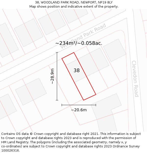 38, WOODLAND PARK ROAD, NEWPORT, NP19 8LY: Plot and title map