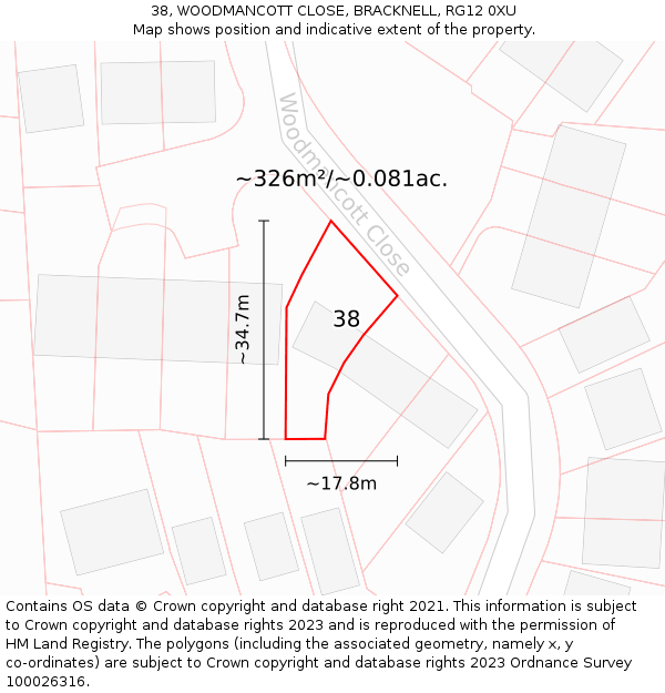 38, WOODMANCOTT CLOSE, BRACKNELL, RG12 0XU: Plot and title map