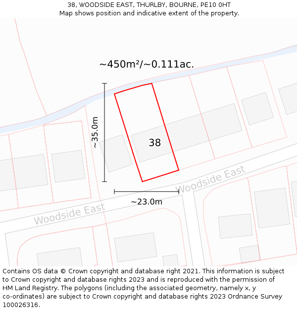 38, WOODSIDE EAST, THURLBY, BOURNE, PE10 0HT: Plot and title map