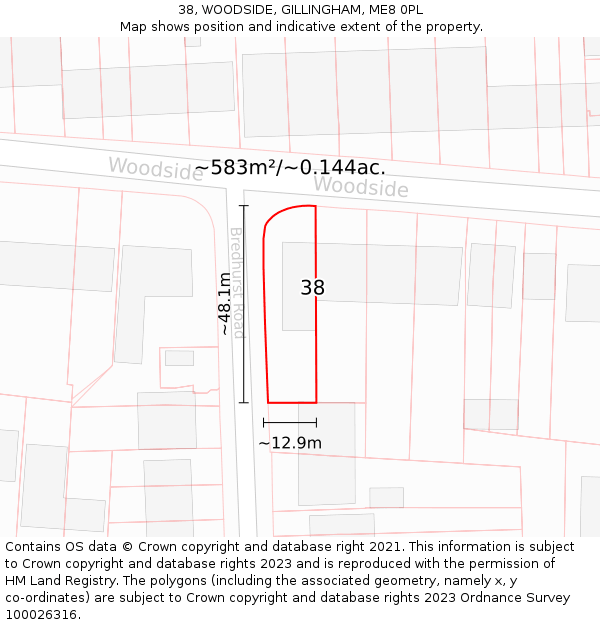 38, WOODSIDE, GILLINGHAM, ME8 0PL: Plot and title map