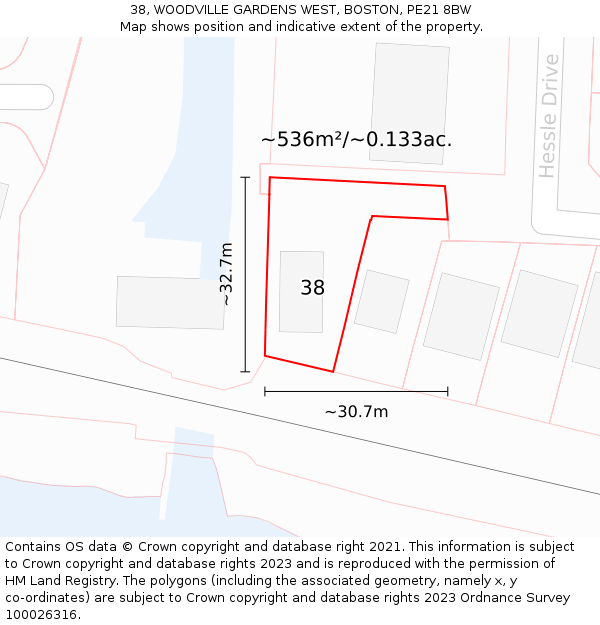 38, WOODVILLE GARDENS WEST, BOSTON, PE21 8BW: Plot and title map