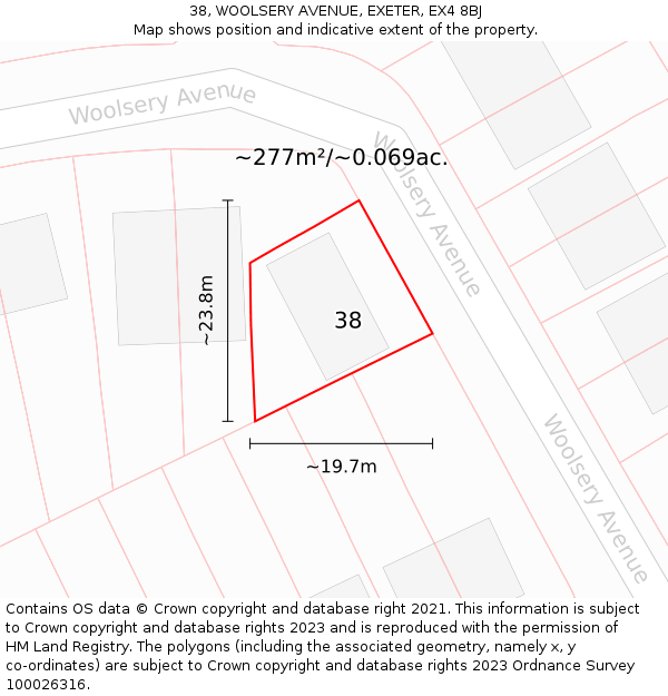 38, WOOLSERY AVENUE, EXETER, EX4 8BJ: Plot and title map