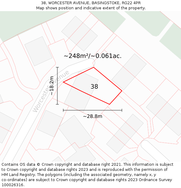 38, WORCESTER AVENUE, BASINGSTOKE, RG22 4PR: Plot and title map