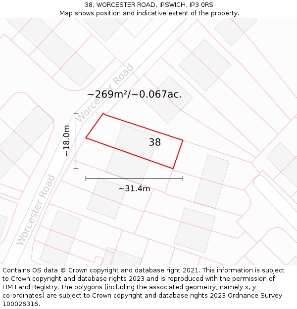 38, WORCESTER ROAD, IPSWICH, IP3 0RS: Plot and title map