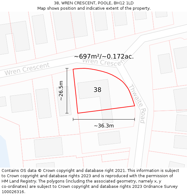 38, WREN CRESCENT, POOLE, BH12 1LD: Plot and title map