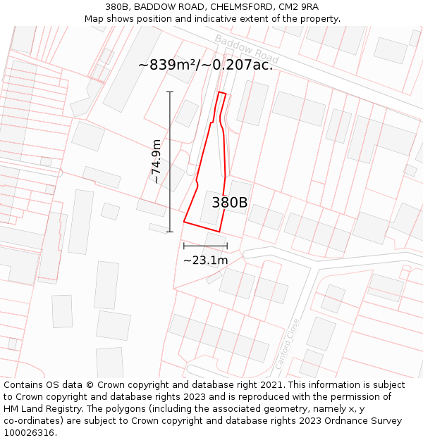 380B, BADDOW ROAD, CHELMSFORD, CM2 9RA: Plot and title map