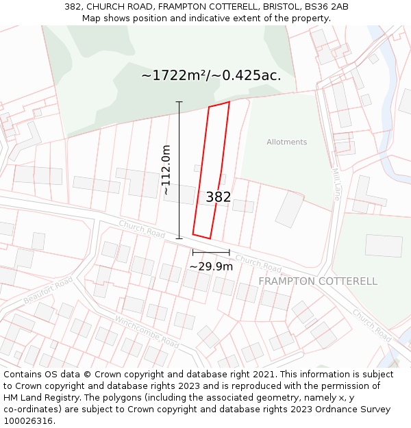 382, CHURCH ROAD, FRAMPTON COTTERELL, BRISTOL, BS36 2AB: Plot and title map