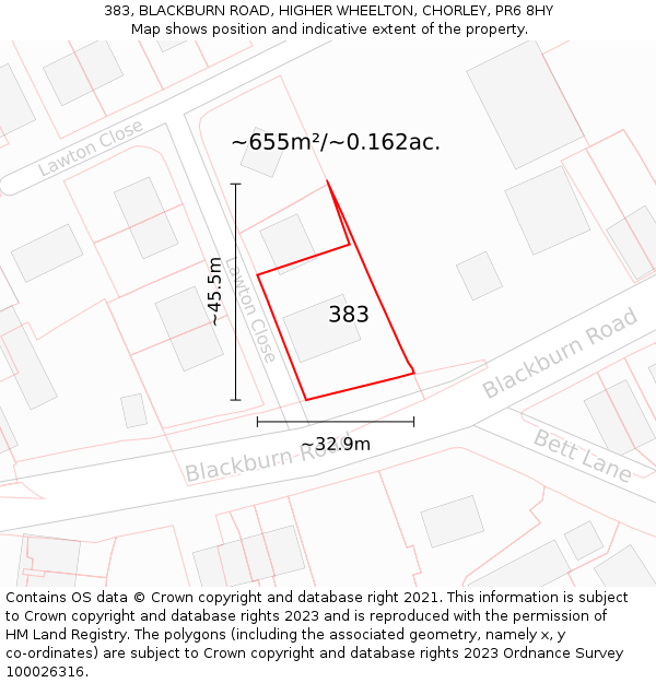 383, BLACKBURN ROAD, HIGHER WHEELTON, CHORLEY, PR6 8HY: Plot and title map