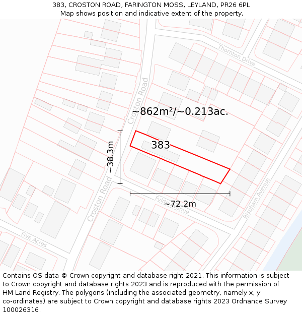 383, CROSTON ROAD, FARINGTON MOSS, LEYLAND, PR26 6PL: Plot and title map