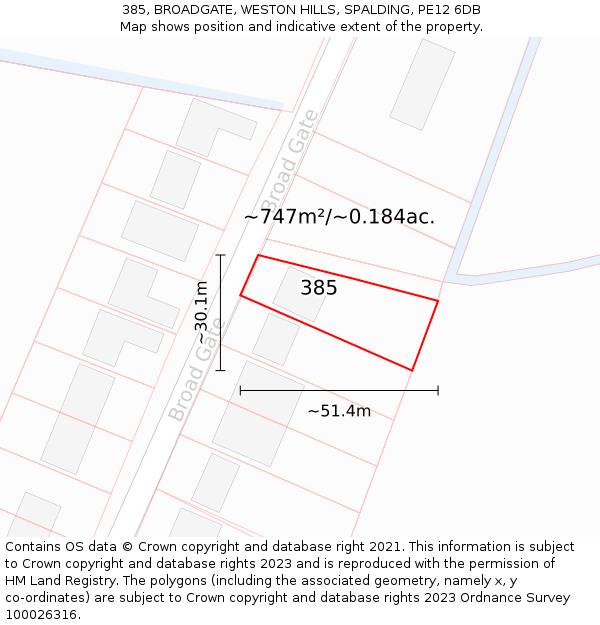 385, BROADGATE, WESTON HILLS, SPALDING, PE12 6DB: Plot and title map