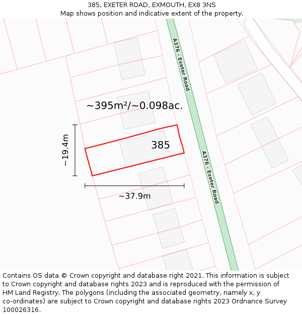 385, EXETER ROAD, EXMOUTH, EX8 3NS: Plot and title map