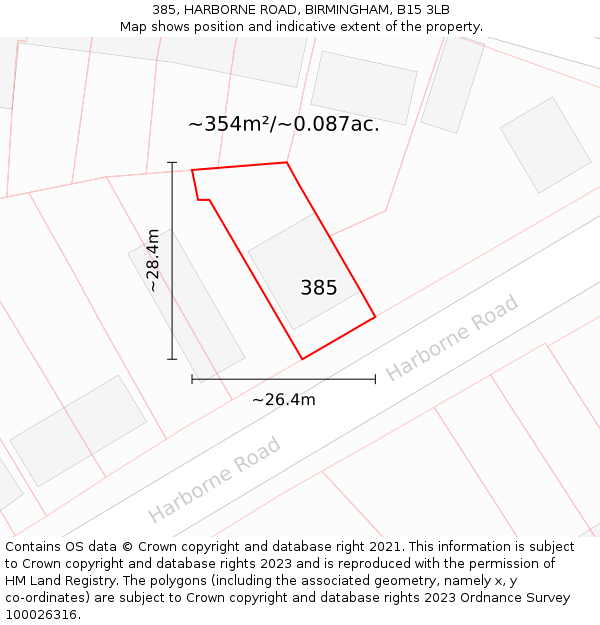 385, HARBORNE ROAD, BIRMINGHAM, B15 3LB: Plot and title map