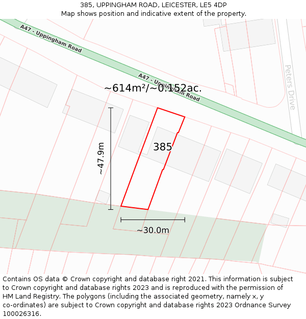 385, UPPINGHAM ROAD, LEICESTER, LE5 4DP: Plot and title map