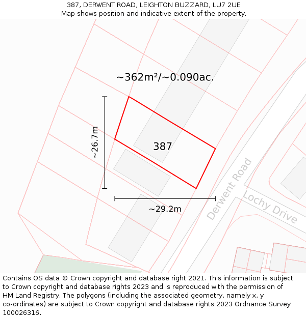 387, DERWENT ROAD, LEIGHTON BUZZARD, LU7 2UE: Plot and title map