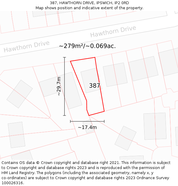 387, HAWTHORN DRIVE, IPSWICH, IP2 0RD: Plot and title map