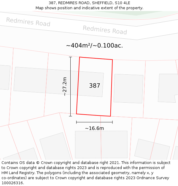 387, REDMIRES ROAD, SHEFFIELD, S10 4LE: Plot and title map