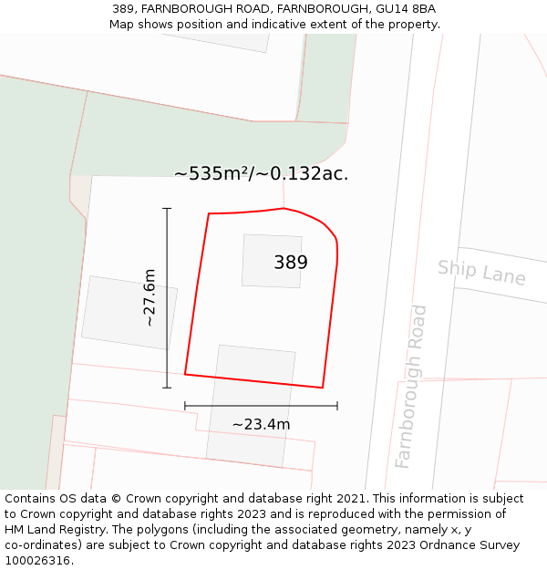 389, FARNBOROUGH ROAD, FARNBOROUGH, GU14 8BA: Plot and title map