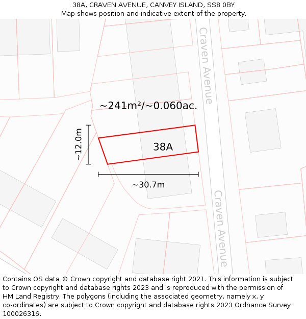 38A, CRAVEN AVENUE, CANVEY ISLAND, SS8 0BY: Plot and title map