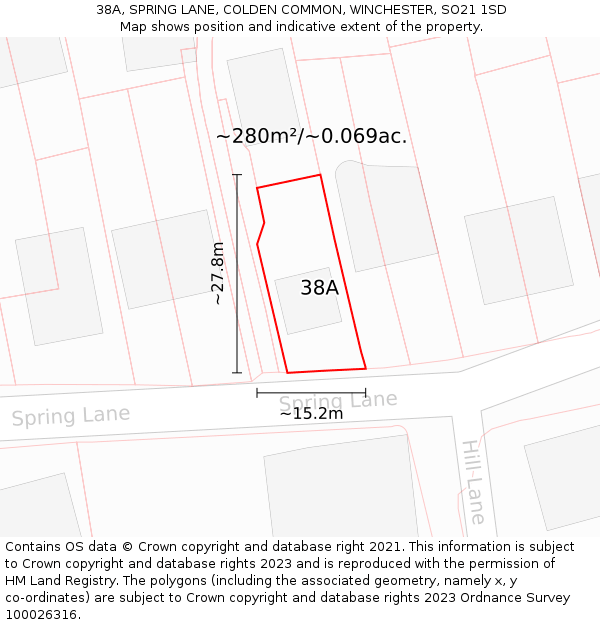 38A, SPRING LANE, COLDEN COMMON, WINCHESTER, SO21 1SD: Plot and title map