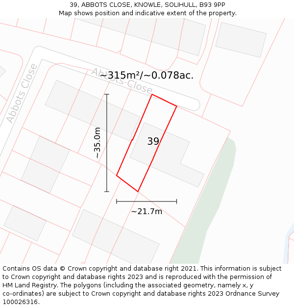 39, ABBOTS CLOSE, KNOWLE, SOLIHULL, B93 9PP: Plot and title map